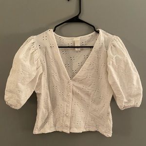 H&M Broderie Anglaise V Neck Button Front Blouse